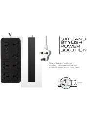 Sprinters - Universal Extension Socket 2 Meter Wire 6 AC Outlets 3 USB Ports 1 USB-C Port UK Plug 3 Pin Socket Outlet Surge Protector Power Strip for Home, Office, and Electronics (Black)