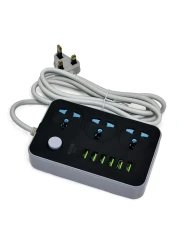 Generic Anti-Static 3 Power Socket 2500W, 10A Max, 250V, 6 USB Ports Auto Max 3.4A 17W Output with 6Ft Extension Cord Cable