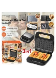 Sprintee 3 in 1 Sandwich Maker with Interchangeable Plates Waffle, Grill, and Sandwich Press 1200W Non Stick Coating, Easy to Clean