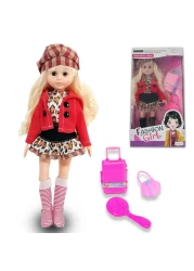 Kidwala blond hair poseable doll with hat, leopard dress &amp; red jacket pretty angelia 14inch size with accessories toys for girls