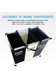 U-Hoome Foldable Laundry Hamper Basket Sorter With Handle And Aluminum Frame, 3 Sections