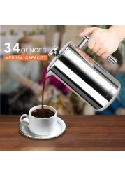 Secura French Press Coffee Maker 304 Grade Stainless Steel Insulated Coffee Press with 2 Extra Screens 34oz 1 Litre Silver