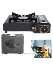 مجموعة مواقد غاز للتخييم - موقد خارجي صغير الحجم مع حقيبة، وموقد صغير، وملحق شواء للنزهات والمغامرات الخارجية - محمول، بتصميم مربع، مثالي