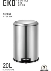 EKO 20L Pedal Bin Serene - Silver Large Capacity Step Round Bin with Soft-Close Lid Fingerprint-Resistant Finish Removable Inner Liner Bag Stabilizer