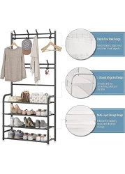 Dreamons link Coat Rack,3-in-1 Hall Tree Shoe Bench with Coat Hat Umbrella Rack,Storage Shelves with 8 Hooks, Multifunctional Hallway Organizer (Black)