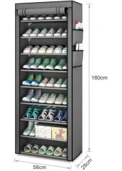 Shoe Rack with Cover, 10 Layer 9 Grids Dustproof Shoe Cabinet Shoe Rack for up to 30 Pairs of Shoes, 58 x 28 x 160 cm