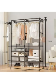 2-Tier Garment Rack Shelf Organizer with 2-Floor Hanger &amp; Hooks.Multifunctional Clothing Wardrobe and Shoe Storage Organizer Freestanding Coat Iron stand (Black)