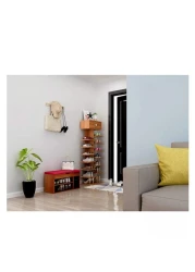 رف أحذية أرضي متعدد الوظائف مع رف تخزين وحامل زهور ورف كتب لتوفير المساحة في المداخل المنزلية وغرف المعيشة.