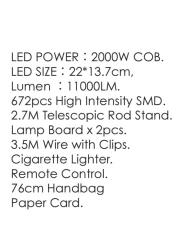 Super Bright Camping Light 2000W COB with 360&deg; Rotation, Adjustable COB LED 30000 Hour Lifetime,11000 LM Lumen with 5m Tripod Rod with Remote Control 3.5M Wire with Clips 76M Handbag