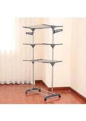 A/V Clothes Drying Rack, 3 Tier Rolling Dryer Clothes Hanger, Collapsible Garment Laundry Rack With Foldable Wings And Casters Indoor/Outdoor, Large Standing Rack Stainless Steel Hanging Rods(Gray)