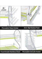 LIFE SMILE Dish Rack - 2 Tier Countertop Dish Drying Stand With Removable Drip Tray - 304 Stainless Steel with Utensil Holder and Cups Holder - Anti Slip and Rust Proof Dish Drainer