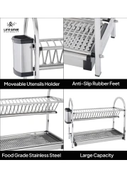 LIFE SMILE Dish Rack - 2 Tier Countertop Dish Drying Stand With Removable Drip Tray - 18/10 Stainless Steel with Removable Utensil Holder - Anti Slip and Rust Proof Dish Drainer