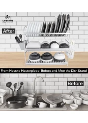 LIFE SMILE Dish Rack - 3 Tier Countertop Dish Drying Stand With Removable Drip Tray - Pure Aluminum with Cutlery Holder and Cups Holder - Anti Slip and Rust Proof Dish Drainer