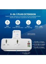 CAROSKI 3-in-1 Power Extension Socket Multi plug Adapter - 20W USB-C PD Quick Charge Port - 2 USB-A QC3.0 - 2 Universal Outlets Extension Plug - UK 3-Pin plug with light for Home - Office - Kitchen