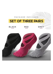 OGA Socks &ndash; 3 Pairs of Yoga Pilates Socks for Women with Grips &amp; Straps Cotton Non-Slip Pilates Socks for Barre, Ballet, Dance, &ndash; Black, Red, Grey
