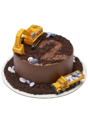 DecoPac Construction Dig Cake Decoration 2 Piece Cake Topper Set with Dump Truck and Moveable Excavator Food Safe Ready to Use For Birthday Themed Parties Celebration Yellow 11826