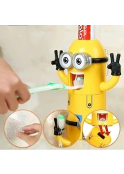 Cartoon Little Yellow Man Toothbrush Holder Set with Automatic Toothpaste Dispenser Fun &amp; Practical Bathroom Organizer for Kids Hands-Free Toothpaste Squeezer