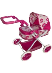 UKR Doll Stroller Canopy Pink for Girls Foldable Girl Pretend Play Toy Dolls Pram with Adjustable Handle Floral Canopy with Storage Basket.