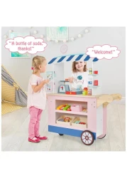 مجموعة ألعاب عربة طعام للأطفال مكونة من 30 قطعة - مجموعة ألعاب متجر بقالة خشبية مع سجل نقدي وميزان ومنصة متجر حلويات وعربة بقالة تظاهرية