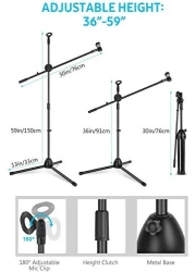 Mike Music Microphone Stand, Upgraded Mic Stand With Dual Mic Clip Holders Adjustable Collapsible Tripod Boom Stands (M2)