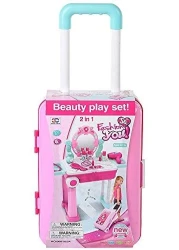 2 in 1 Pretend Play Kids Vanity Table and Chair Beauty Mirror and Accessories Play Set with Trolley Fashion Makeup Accessories for Girls