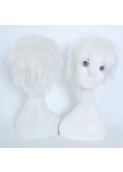 Anime Cosplay Wig Short White Wigs for Women/Men Synthetic Curly Straight Fancy Dress Wig Layered Fluffy Halloween Costume Party Wig with Free Cap