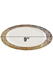 9" Disposable Plastic Plates, White &amp; Gold Color, 35g Weight, Pack of 120 Plates