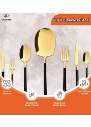 LIFE SMILE Cutlery Set, 18/10 Pure Stainless Steel Flatware Set with Stand, Rust Proof &amp; Fade Proof Dinnerware Set (SHINY GOLD HEAD &amp; SHINY BLACK HANDLE, 38 Pieces)