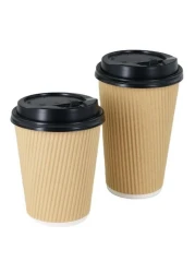 YESOCEA [50 Set] 12 oz. Kraft Disposable Coffee Cups With Lids - Triple Wall Ripple Brown Hot Paper Cups for Tea, Drinks To-Go