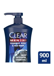 Clear Men Complete Care 3 in 1 Shampoo For Hair Face &amp; Body With Activated Charcoal 900ml
