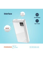 Porodo Blue 20000mAh Quick Charge Powerbank USB-A and USB-C Output, 0-60% in 35 Minutes, Dual USB Output, PD 20W, QC3.0 22.5W, White for Fast, Efficient Charging