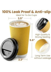 YESOCEA [50 مجموعة] 16 أونصة. أكواب قهوة كرافت للاستعمال مرة واحدة مع أغطية - أكواب ورقية ساخنة بنية ثلاثية الجدار للشاي والمشروبات أثناء التنقل