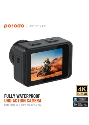 كاميرا Porodo 4K Ultra HD Action مزودة بـ WiFi، شاشة لمس مزدوجة، مقاومة للماء، تثبيت صورة إلكتروني، زاوية رؤية 150°، تصوير 4K@60fps، ولقطات بدقة 24 ميجابكسل.