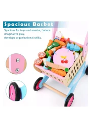 Wooden Kids Shopping Cart with Pretend Play Food Accessories &ndash; Baby Push Walker Educational Toy for 3-5 Year Olds, Learning &amp; Walking Toy, Birthday Gift