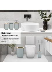 Bamboo Bathroom Accessories Set of 6 Modern Design 6 Pieces Bathroom Accessory Set Soap Dispenser Toothbrush Holder Tooth Mug Soap Dish Toilet Brush Rubbish for Bathroom Home Decor (Grey)