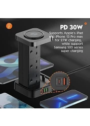 Tower Power Extension Cord 3 In 1 with 15W Wireless Charger - 6 AC Outlets - 4 USB Outlets - 2m Long Extension Cord Power Strip with Cable Organizer Box