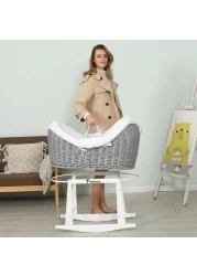 Teknum Infant Wicker Pod Moses Basket with White Waffle Beddings &amp; White Rocker Stand - Wooden Grey