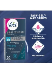 Veet Professional Hair Removal Easy-Gel Legs &amp; Body Wax Strips With Almond Oil For Sensitive Skin Perfect Finish Wipes With Argan Oil Up To 28 Days Of Smoothness, 20 Wax Strips