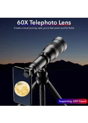 APEXEL-APL-JS60XJJ09 Metal 60X HD Phone Telephoto Zoom Lens Kit Monocular Telescope with Mini Extendable Tripod Eye Cup Metal Clip Portable Lens Bag Universal for Most Smartphones for Travel Hunting