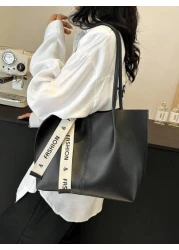 Women s Versatile Solid Color Handbag Malist PU Leather Large Capacity Shoulder Bag With Silk Scarf Decor Lightweight Large Capacity Shopping Bags For Daily Office Work Fashion Waterproof Square Tote