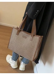 Houndstooth Pattern Large Tote Bag For Women Stylish Simple Design Versatile For Commuting And Going Out Shoulder BagSchool Bag Back To School Backpack Large Capacity Lightweight Portable Business Cas