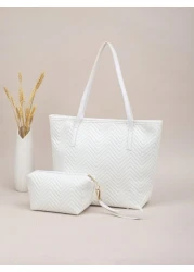 2pcs Quilted Wavy Pattern Large Capacity Tote Bag With Geometric Design Vintage Style Shoulder Tote Shopping Bag Coin Purse For Women