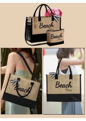 طقم حقيبة كتف بطباعة رسائل شاطئية من كتان بسيط، حقيبة تسوق بقايا صالحة لإعادة الاستخدام وحقيبة مكياج، حقيبة ه