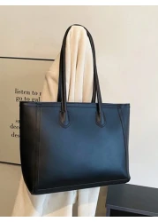 Autumn Winter New Retro Large Capacity Solid Color Shoulder Tote Bag For Women Letter Foil Leather Tag Decor Fashion Metal Chain Strap Casual Dual Handle Tote Shoulder Crossbody Bag Versatile Commuter