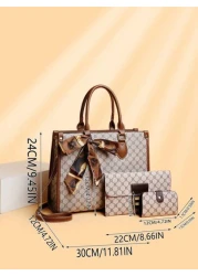 طقم من 3 قطع: حقيبة كبيرة السعة بنمط زهري مع وشاح عشوائي