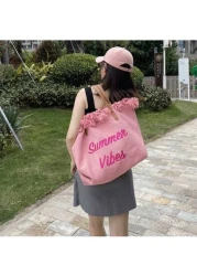 حقيبة كتف كانفاس كبيرة السعة بتصميم رسائل وشرابة، بسيطة للنقل واليوميات والتسوق