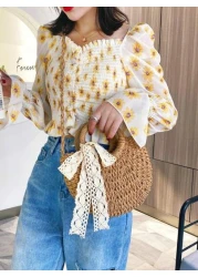 1 Pc Fashionable Bohemian Vacation Style Solid Color Woven Grass With Ribbon Decoration Circular Handle Women s Hand Held Beach Bag Suitable For Leisure Travel Vacation Simple Clothing Matching And Ou