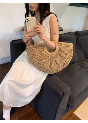 1pc Large Capacity Khaki Tote Bag Woven Straw Open Top Round Bag For Travel Vacation Beach Summer Straw Beach Bag For Women Vacation Essentials Perfectly Matching With Beach Accessories Women