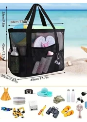 1PC Large Mesh Beach Bag Sandproof Swim Tote Bag Oversized For Family Foldable Lightweight Pool Boat Bag With Zipper And Extra Pockets For Toys Vacation Beach Cruise Essentials School Bag Large Capaci