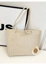 Versatile Solid Color Straw Tote Bag For Women Fashion Large Capacity Woven Underarm Bag Boho Style Small Daisy Decoration Shoulder Bag Lightweight Daily Commuting Shopping Beach Bags Exquisite Summer